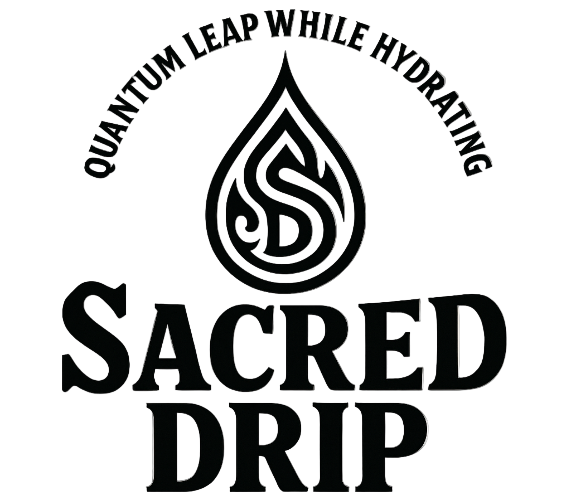 Sacred Drip branding with a drop logo and text on a white background